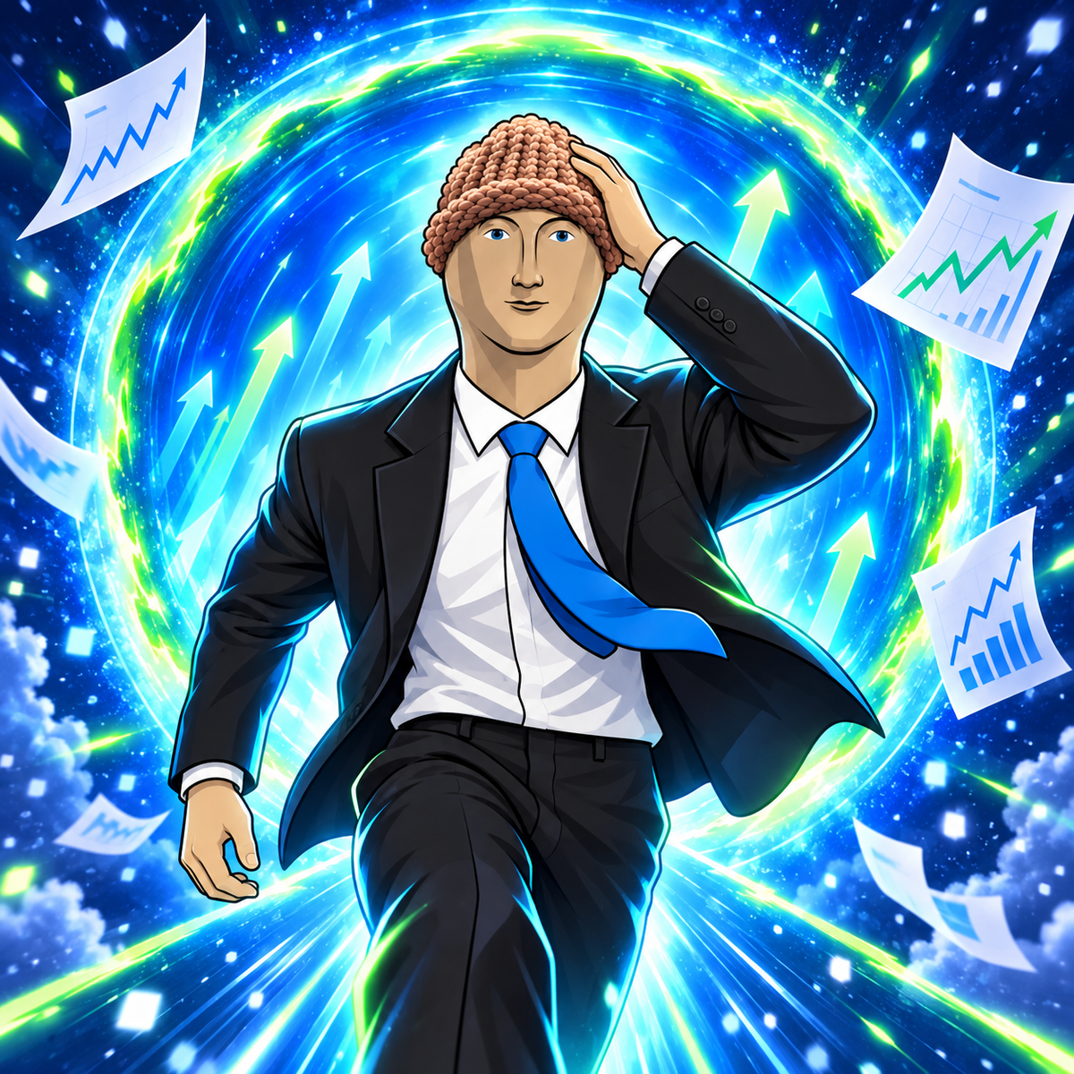 Stonk Wif Season stepping through a glowing market portal